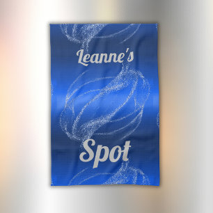 Glam Brushed Metal and Glitter Blue Monogram   Tea Towel