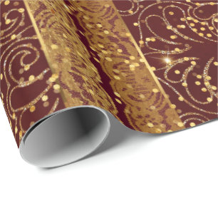 Glam Burgunde Wood Golden Foil Floral Lace Wrapping Paper