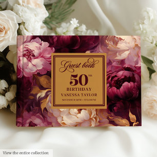 Glam Burgundy Blush Gold Floral 50th Birthday Guest Book