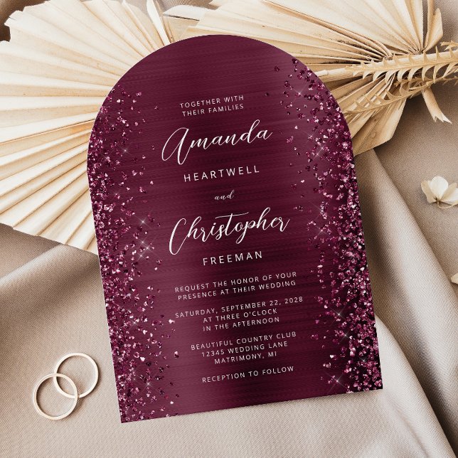 Glam Burgundy Brushed Metal Glitter Arch Wedding Invitation (Creator Uploaded)