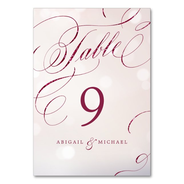 Glam burgundy calligraphy wedding table number (Front)