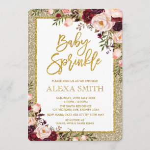 Glam Burgundy Floral Pink Roses Baby Shower Invite