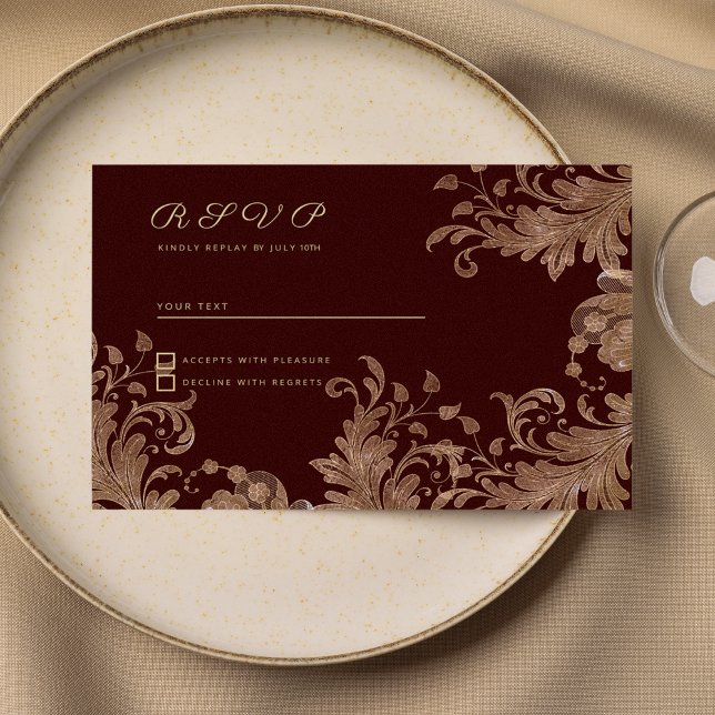 Glam burgundy gold floral luxury lace RSVP Invitation (Glam burgundy gold floral luxury lace RSVP)