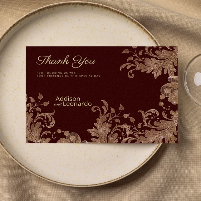 Glam burgundy gold floral luxury lace Thank You  Invitation (Glam burgundy gold floral luxury lace Thank You )