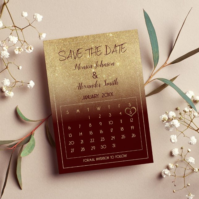 Glam Burgundy Gold Glitter Calendar Save the Date  Announcement Postcard (Glam Burgundy Gold Glitter Calendar Save the Date)