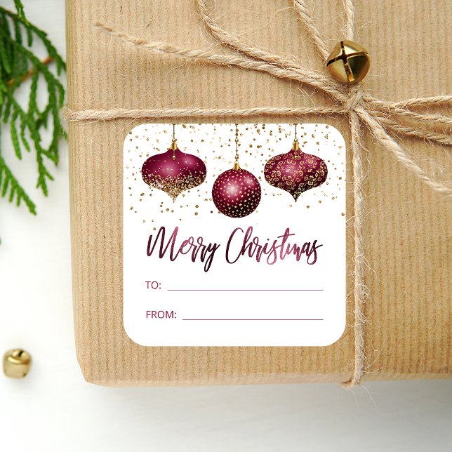 Glam Burgundy Gold Ornaments Merry Christmas Square Sticker (Creator Uploaded)