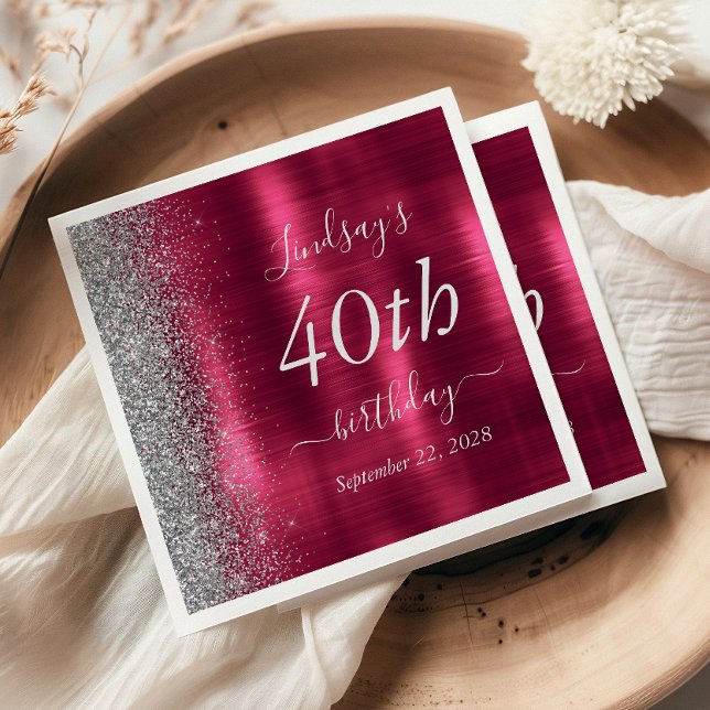 Glam Burgundy Silver Glitter 40th Birthday Party Napkin (Creator Uploaded)