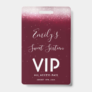 Glam Burgundy Sweet 16  Invitation VIP Pass Badge ID Badge