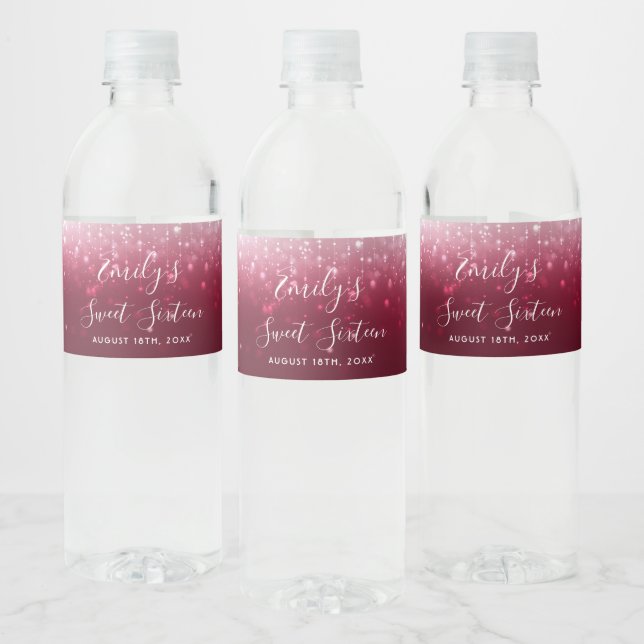 Glam Burgundy Sweet 16 Water Bottle Label (Bottles)