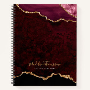 Glam Burgundy Velvet Agate Geode Gold Script Notebook
