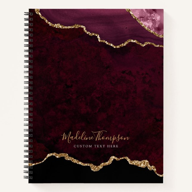 Glam Burgundy Velvet Agate Geode Gold Script Notebook (Front)