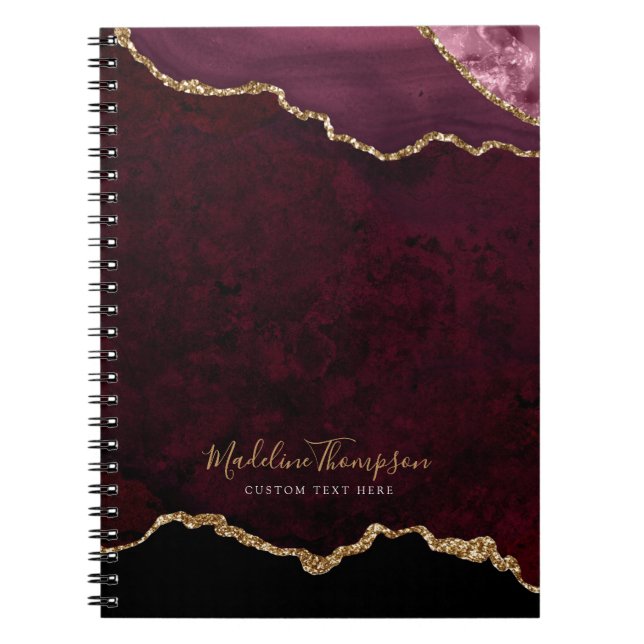 Glam Burgundy Velvet Agate Geode Gold Script Notebook (Front)