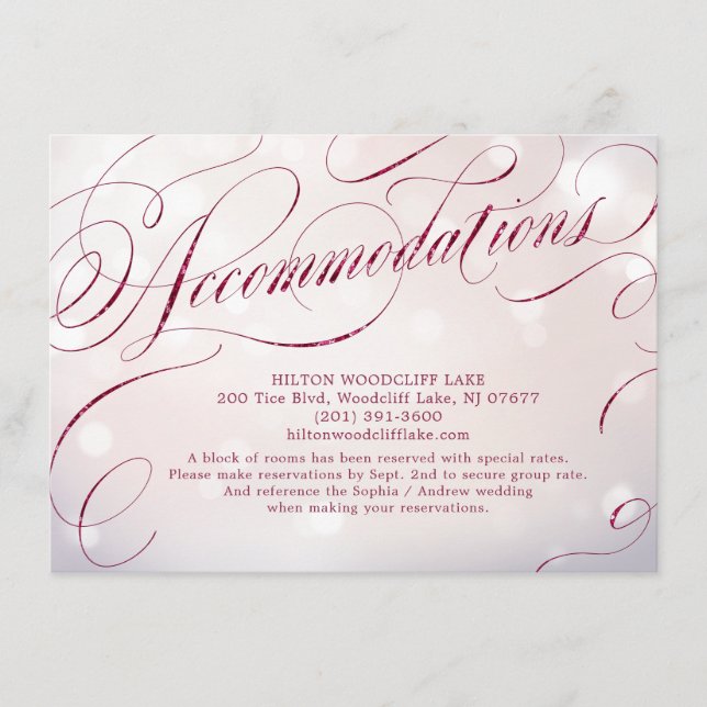 Glam burgundy vintage calligraphy accommodation enclosure card (Front)