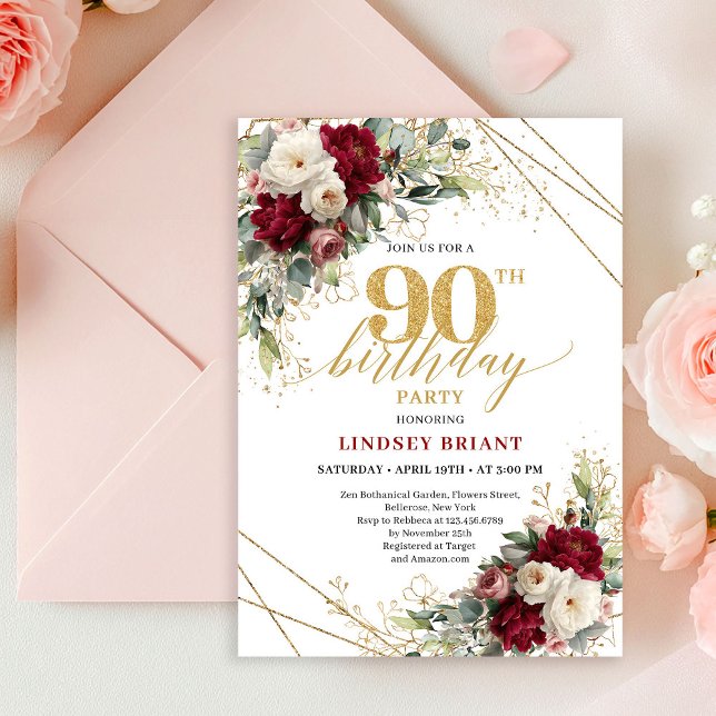 Glam Burgundy White Rose Gold 90th Birthday Invite (Glam Burgundy White Rose Gold 90th Birthday Invitation)