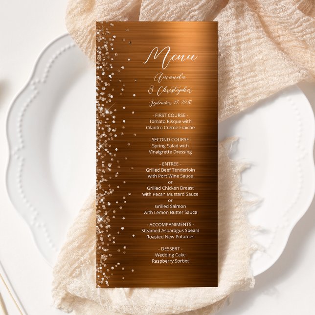 Glam Burnt Orange Glitter Brushed Metal Wedding Menu (Creator Uploaded)