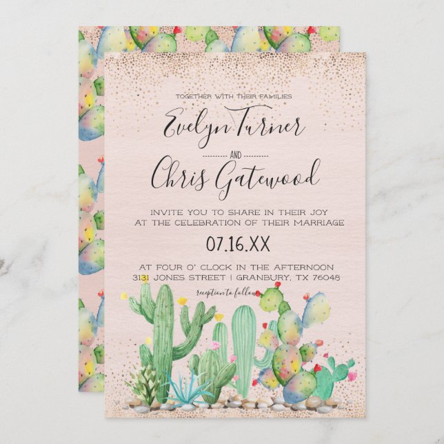 Glam Cactus Fiesta Wedding Invitation (Front/Back)
