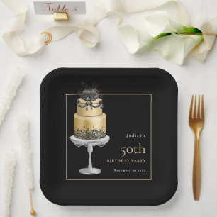 Glam Cake Florals Gold 50th Birthday Black Paper Plate