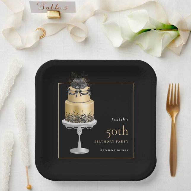 Glam Cake Florals Gold 50th Birthday Black Paper Plate (Wedding)