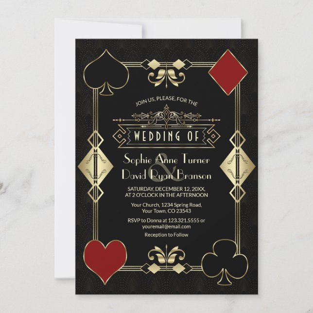 Glam Casino Gold Art Deco Fleur-de-Lis Wedding Invitation (Front)