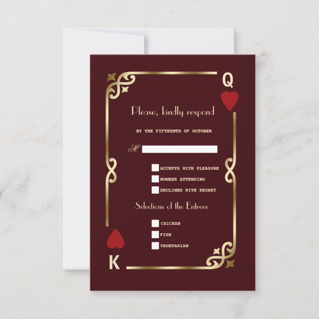 Glam Casino Gold Deep Burgundy Art Deco Wedding RSVP Card (Front)