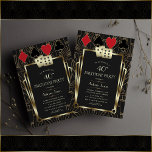 Glam Casino Great Gatsby 40th Poker Birthday Invitation<br><div class="desc">ANY AGE! Royal, Romantic, Vintage card design Great Gatsby and Casino themed. It features a Great Gatsby, Roaring 1920's old Hollywood Art Deco style shape, royal faux gold freer-de-lis, gold divider and vintage fonts, a pair of dice, on a black textured background with an Art Deco pattern, as well playing...</div>