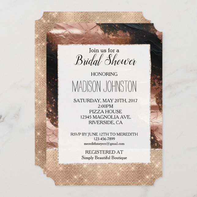 Glam Champagne Glitz Rose Gold Black Invitation (Front/Back)