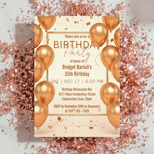 Glam Champagne Gold Balloons and Confetti Birthday Invitation (Creator Uploaded)