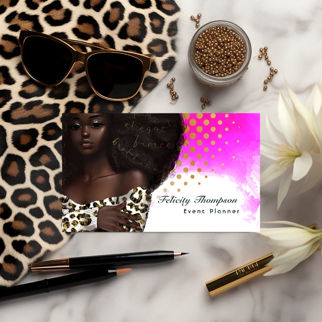 Glam Chic Afro Boss Lady QR Code Business Card (Hairstylist business card)