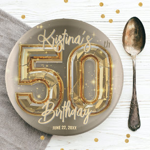 Glam Chic Gold and Diamond Accents 50th Birthday Paper Plate