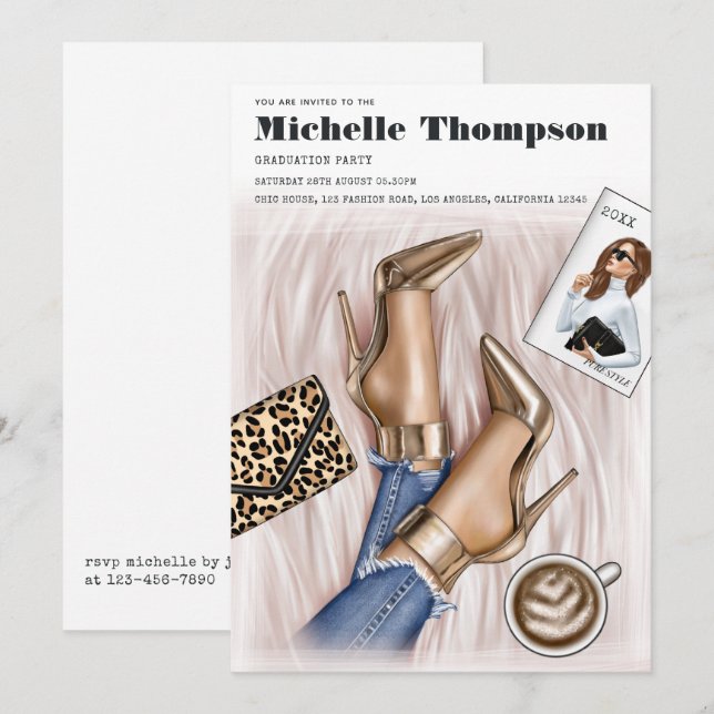 Glam Chic Gold Fashion Show Graduation Party Invitation (Front/Back)