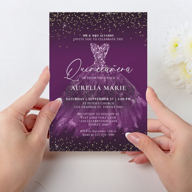 Glam Chic Gold Purple Princess Dress Quinceanera Invitation (Creator Uploaded)