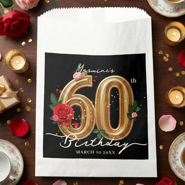 Glam Chic Gold Red Roses on Black 60th Birthday Favour Bags (Creator Uploaded)