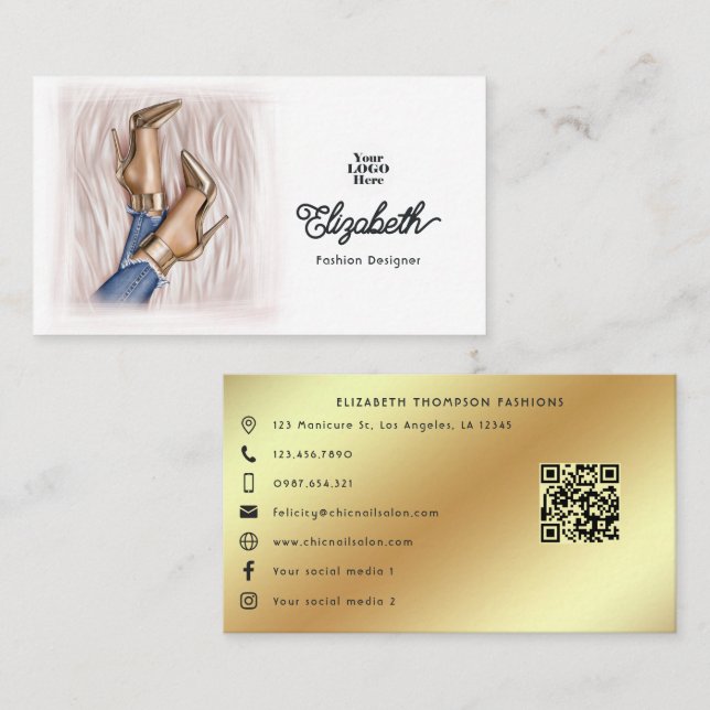 Glam Chic Gold Stilettos and Denim Fashion Design Business Card (Front/Back)