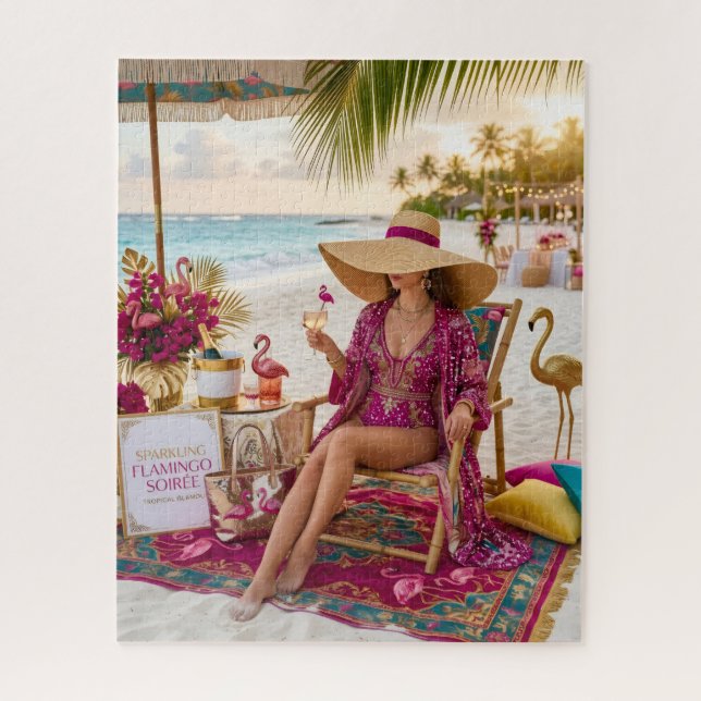 Glam Chic Lady Flamingo Themed Tropical Beach Jigsaw Puzzle (Vertical)