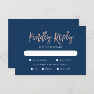 Glam Chic Navy Blue & Rose Gold Wedding RSVP Card