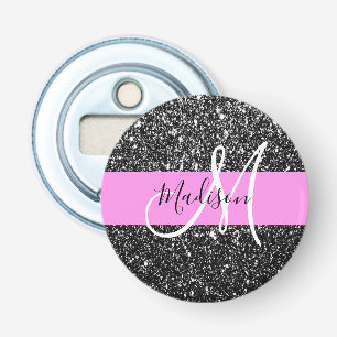 Glam Chic Pink Black Glitter Sparkle Name Monogram Bottle Opener