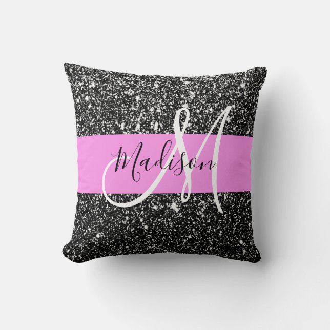 Glam Chic Pink Black Glitter Sparkle Name Monogram Cushion (Front)