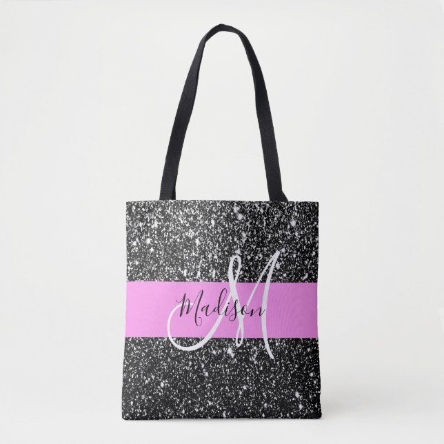 Glam Chic Pink Black Glitter Sparkle Name Monogram Tote Bag (Front)