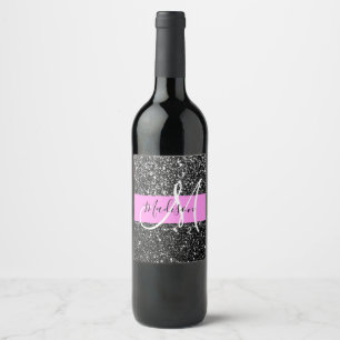 Glam Chic Pink Black Glitter Sparkle Name Monogram Wine Label