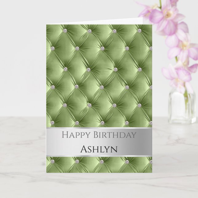 Glam Chic Sage Green Faux Velvet Silver Birthday Card (Orchid)