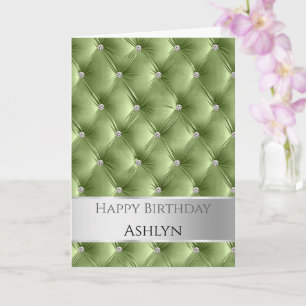 Glam Chic Sage Green Faux Velvet Silver Birthday Card