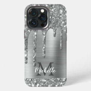 Glam Chic Silver Glitter Drips Monogram Metal iPhone 13 Pro Case