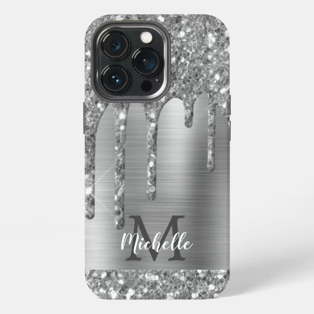 Glam Chic Silver Glitter Drips Monogram Metal iPhone Case (Back)