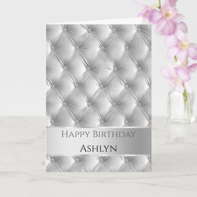 Glam Chic Soft Grey Faux Velvet Silver Birthday Card (Orchid)