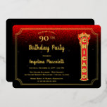 Glam Chicago Sign 90th Birthday Foil Invitation<br><div class="desc">Elegant and glamourous Chicago sign and text 90th birthday invitation design on a faux glitter red and black background with faux sparkles.  Composite design by Holiday Hearts Designs.</div>