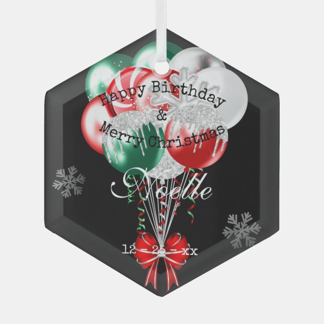 Glam Christmas Birthday Balloons and Snowflakes Glass Tree Decoration (Front)