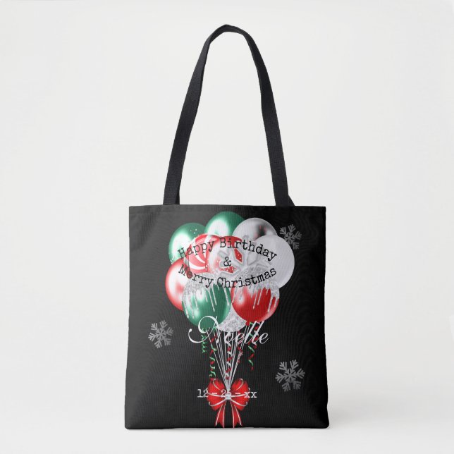 Glam Christmas Birthday Balloons and Snowflakes Tote Bag (Front)