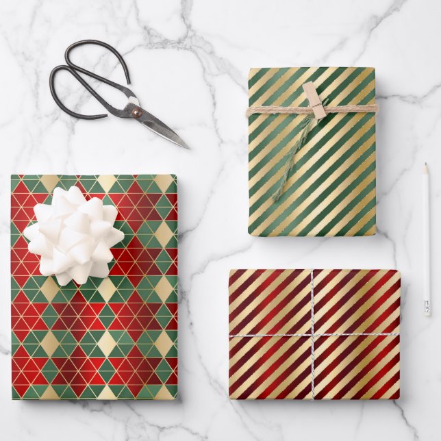 Glam Christmas Red Green Gold Geometric Stripes Wrapping Paper Sheet (Front)