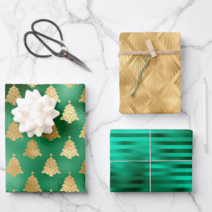 Glam Christmas Tree Pattern Green Gold Foil Wrapping Paper Sheet