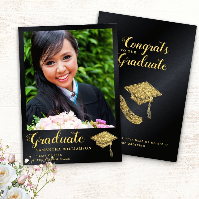 Glam Class of 2025 Black and Gold Photo Graduation Announcement (Creator Uploaded)